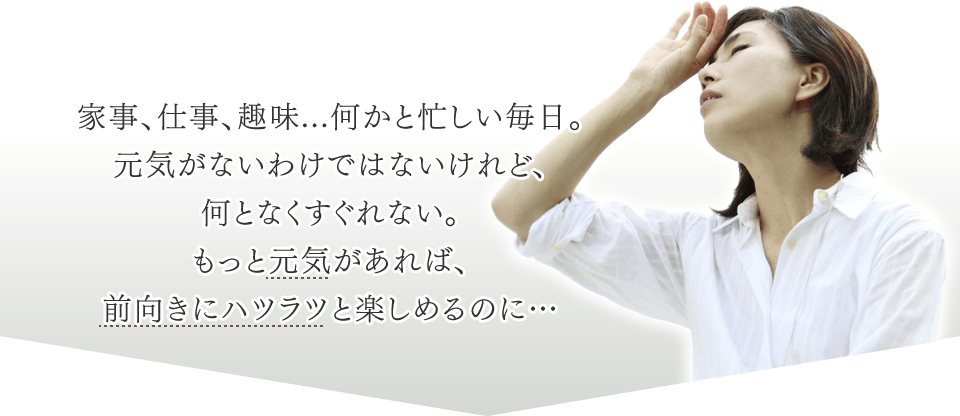 家事、仕事、趣味...何かと忙しい毎日。元気がないわけではないけれど、何となくすぐれない。もっと元気があれば、前向きにハツラツと楽しめるのに…