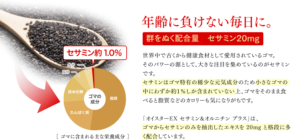 年齢に負けない毎日に。 群をぬく配合量 セサミン20mg 世界中で古くから健康食材として愛用されているゴマ。そのパワーの源として、大きな注目を集めているのがセサミンです。セサミンはゴマ特有の稀少な元気成分のため小さなゴマの中にわずか約1%しか含まれていない上、ゴマをそのまま食べると脂質などのカロリーも気になりがちです。「オイスターEX セサミン&オルニチン プラス」は、ゴマからセサミンのみを抽出したエキスを 20mg と格段に多く配合しています。