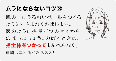 ムラにならないコツ③　肌の上にうるおいベールをつくるようにすきまなくのばします。図のように少量ずつのせてからのばしましょう。のばすときは、指全体をつかってまんべんなく。　※頬は二カ所がおススメ！