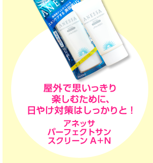 屋外で思いっきり楽しむために、日やけ対策はしっかりと!アネッサ パーフェクトサンスクリーン A+N