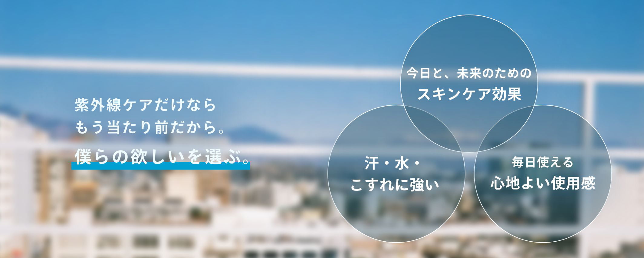 紫外線ケアだけならもう当たり前だから。僕らの欲しいを選ぶ。 今日と、未来のためのスキンケア効果 汗・水・こすれに強い 毎日使える心地よい使用感