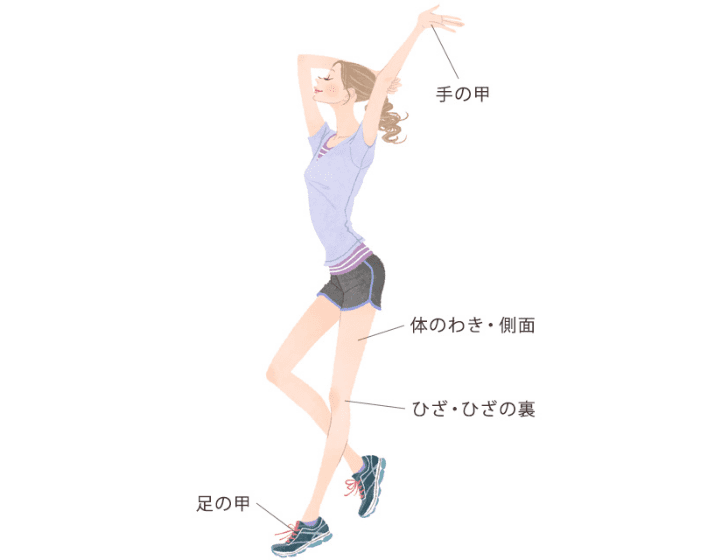 ボディで日焼け止めを塗り残しがちなのは、手や足の甲、ひざ・ひざの裏、体の側面です。