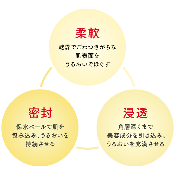 柔軟:肌を柔らかくほぐす→浸透:保湿成分がぐんぐん肌に浸透※角質まで→密封:潤いを密封して逃がさない