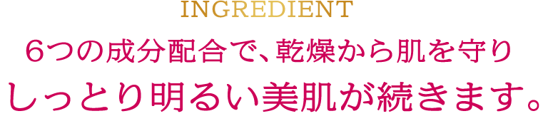 INGREDIENT ６つの保湿成分配合で、乾燥から肌を守りしっとり明るい美肌が続きます。