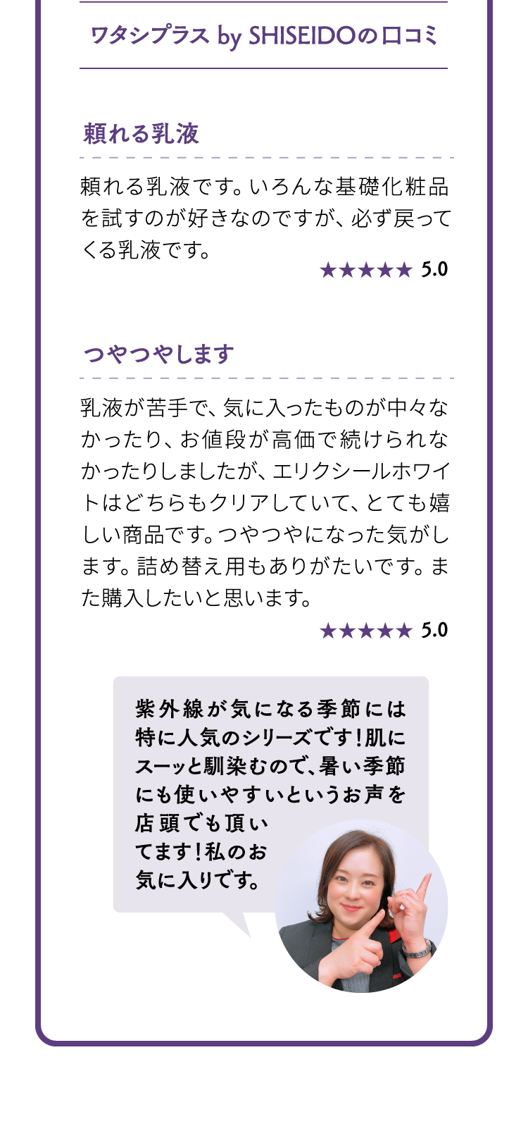 ワタシプラス by SHISEIDOの口コミ 頼れる乳液 つやつやします 紫外線が気になる季節には特に人気のシリーズです！肌にスーッと馴染むので、暑い季節にも使いやすいというお声を店頭でも頂いてます！私のお気に入りです。