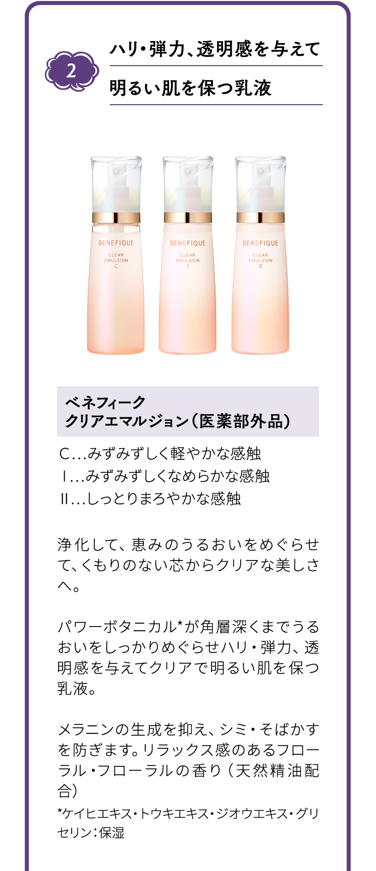 2 ハリ・弾力、透明感を与えて明るい肌を保つ乳液 ベネフィーク クリアエマルジョン（医薬部外品) Ｃ…みずみずしく軽やかな感触 Ⅰ…みずみずしくなめらかな感触 Ⅱ…しっとりまろやかな感触
