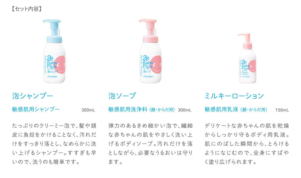 【セット内容】敏感肌用シャンンプー 泡シャンプー | 敏感肌用洗浄料 (顔・からだ用) 泡ソープ | 敏感肌用乳液 (顔・からだ用) ミルキーローション