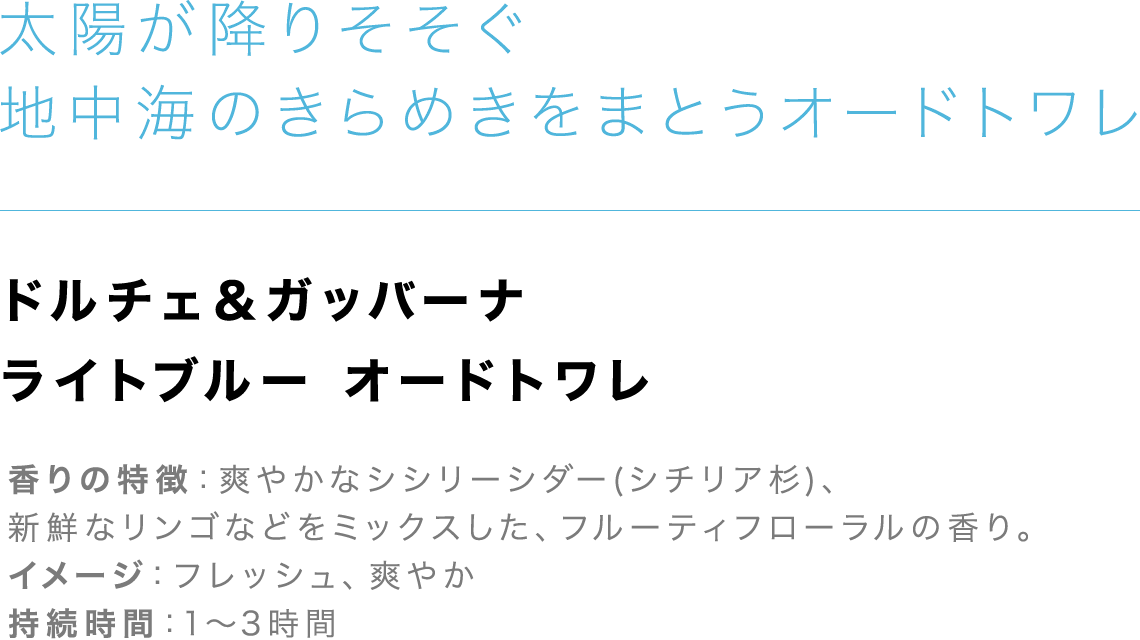 「太陽が降りそそぐ地中海のきらめきをまとうオードトワレ」【ドルチェ＆ガッバーナ ライトブルー オードトワレ】香りの特徴：爽やかなシシリーシダー(シチリア杉)、新鮮なリンゴなどをミックスした、フルーティフローラルの香り。イメージ：フレッシュ、爽やか、持続時間：1～3時間