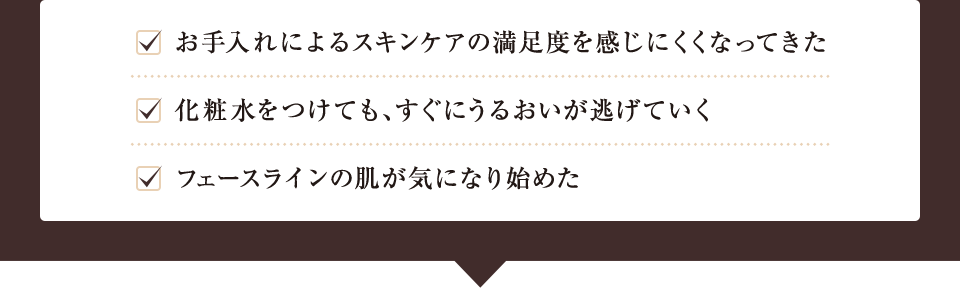 [お手入れによるスキンケアの満足度を感じにくくなってきた][化粧水をつけても、すぐにうるおいが逃げていく ][フェースラインの肌が気になり始めた]