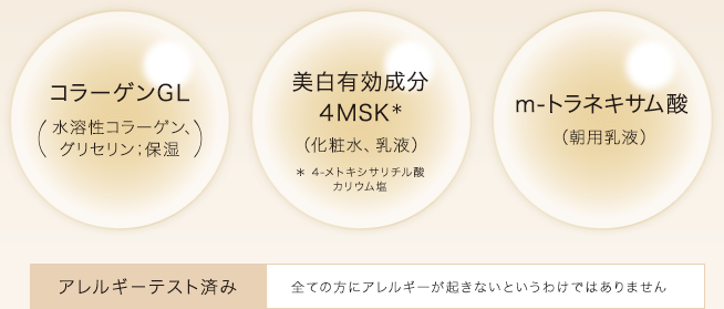 【コラーゲンGL（水溶性コラーゲン、グリセリン；保湿）】【美白有効成分4MSK＊（化粧水、乳液）  ＊ 4-メトキシサリチル酸カリウム塩】【m-トラネキサム酸（朝用乳液）  】【アレルギーテスト済み】全ての方にアレルギーが起きないというわけではありません