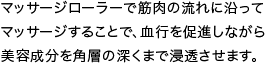 マッサージローラーで筋肉の流れに沿ってマッサージすることで、血行を促進しながら美容成分を角層の深くまで浸透させます。