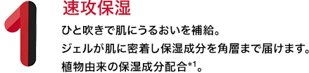 1．速攻保湿 ひと吹きで肌にうるおいを補給。ジェルが肌に密着し保湿成分を角層まで届けます。植物由来の保湿成分配合*1。