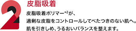 2．皮脂吸着 皮脂吸着ポリマー*2が、過剰な皮脂をコントロールしてべたつきのない肌へ。肌を引きしめ、うるおいバランスを整えます。