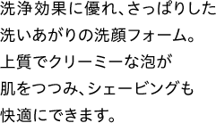 洗浄効果に優れ、さっぱりした洗いあがりの洗顔フォーム。上質でクリーミーな泡が肌をつつみ、シェービングも快適にできます。