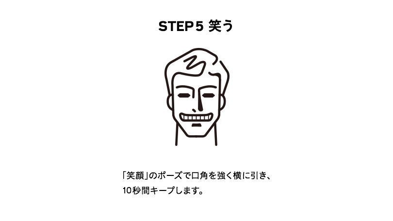 STEP5 笑う：「笑顔」のポーズで口角を強く横に引き、10秒間キープします。