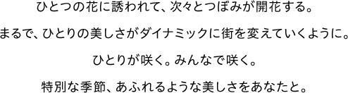 ひとつの花に誘われて、次々とつぼみが開花する。まるで、ひとりの美しさがダイナミックに街を変えていくように。ひとりが咲く。みんなで咲く。特別な季節、あふれるような美しさをあなたと。