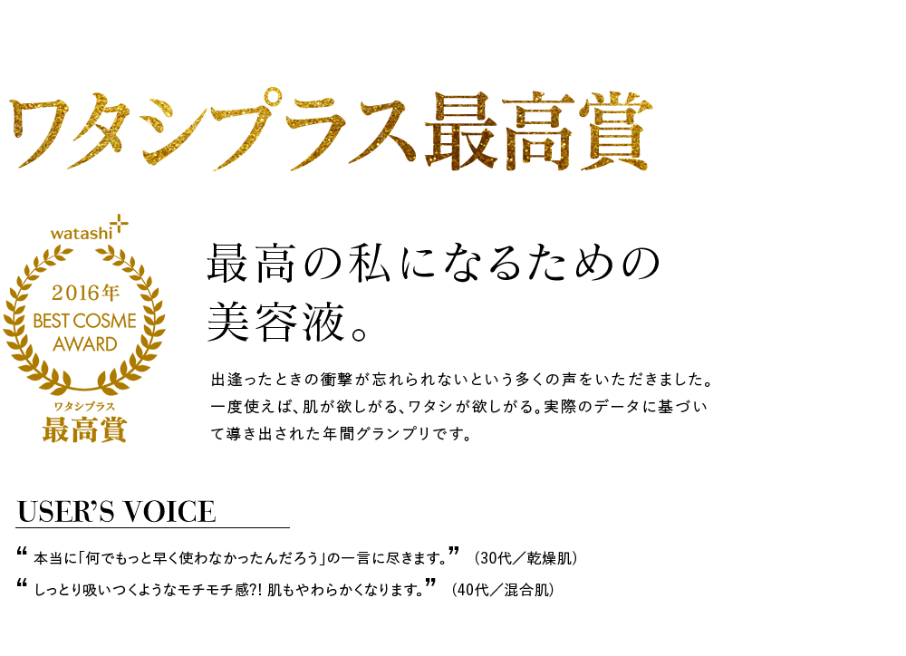 ワタシプラス最高賞 最高の私になるための美容液。