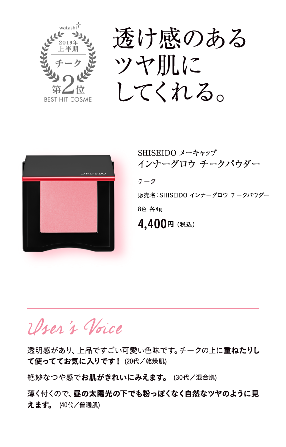 watashi+2019年上半期チーク第2位BEST HIT COSME 透け感のあるツヤ肌にしてくれる。SHISEIDO メーキャップ インナーグロウ チークパウダー チーク 販売名：SHISEIDO インナーグロウ チークパウダー 8色 各4g 4,400円（税込）User’s Voice 透明感があり、上品ですごい可愛い色味です。チークの上に重ねたりして使っててお気に入りです！ (20代／乾燥肌) 絶妙なつや感でお肌がきれいにみえます。 (30代／混合肌) 薄く付くので、昼の太陽光の下でも粉っぽくなく自然なツヤのように見えます。 (40代／普通肌)