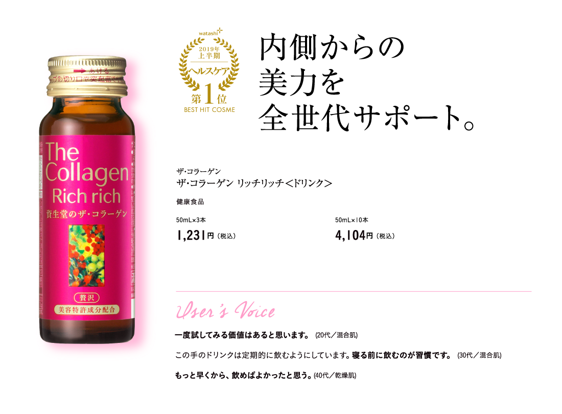 watashi+2019年上半期ヘルスケア第1位BEST HIT COSME 内側からの美力を全世代サポート。ザ・コラーゲン ザ・コラーゲン リッチリッチ＜ドリンク＞ 健康食品 50mL×3本 1,231円（税込）50mL×10本 4,104円（税込）User’s Voice 一度試してみる価値はあると思います。 (20代／混合肌) この手のドリンクは定期的に飲むようにしています。寝る前に飲むのが習慣です。 (30代／混合肌) もっと早くから、飲めばよかったと思う。(40代／乾燥肌)