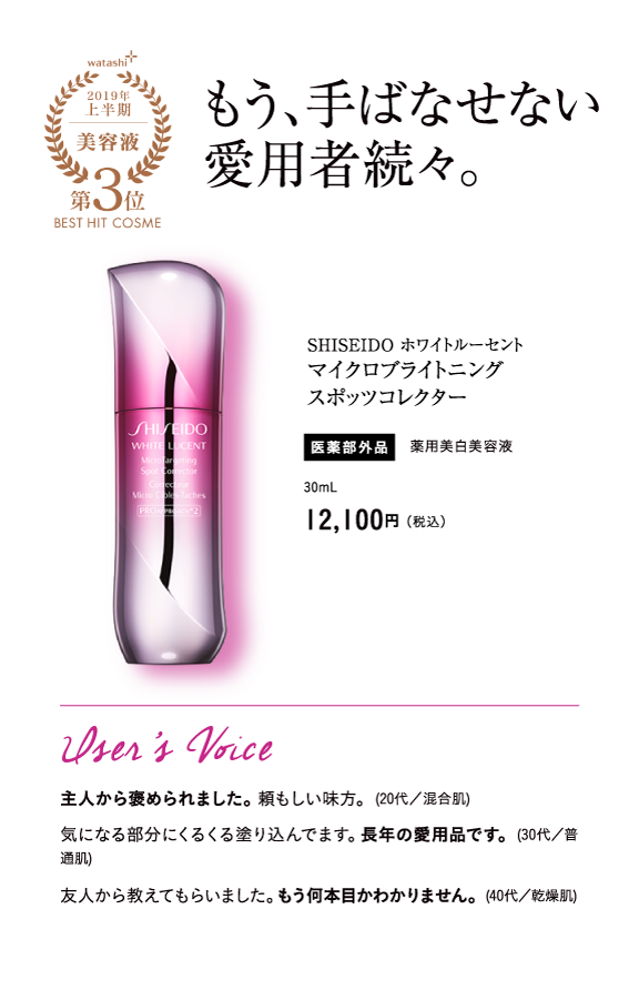 watashi+2019年上半期美容液第3位BEST HIT COSME もう、手ばなせない愛用者続々。SHISEIDO ホワイトルーセント マイクロブライトニング スポッツコレクター 医薬部外品 薬用美白美容液 30mL 12,100円（税込）User’s Voice 主人から褒められました。頼もしい味方。(20代／混合肌) 気になる部分にくるくる塗り込んでます。長年の愛用品です。(30代／普通肌) 友人から教えてもらいました。もう何本目かわかりません。(40代／乾燥肌)