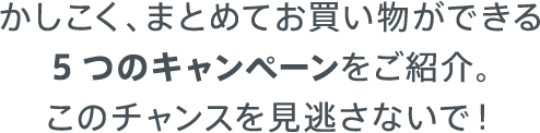 かしこく、まとめてお買い物ができる5つのキャンペーンをご紹介。このチャンスを見逃さないで！