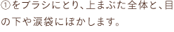 ①をブラシにとり、上まぶた全体と、目の下や涙袋にぼかします。