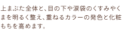 上まぶた全体と、目の下や涙袋のくすみやくまを明るく整え、重ねるカラーの発色と化粧もちを高めます。