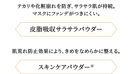 テカリや化粧崩れを防ぎ、サラサラ肌が持続。マスクにファンデがつきにくい。皮脂吸収サラサラパウダー肌荒れ防止効果により、きめをなめらかに整える。スキンケアパウダー※