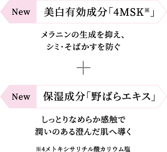 美白有効成分「4MSK※」メラニンの生成を抑え、シミ・そばかすを防ぐ+保湿成分「野ばらエキス」しっとりなめらか感触で潤いのある澄んだ肌へ導く※4メトキシサリチル酸カリウム塩