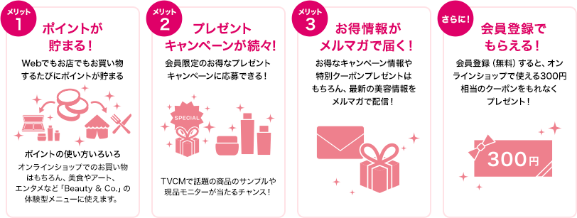 メリット1 ポイントが貯まる！ メリット2 プレゼントキャンペーンが続々！ メリット3 お得情報がメルマガで届く！ さらに！会員登録でもらえる！