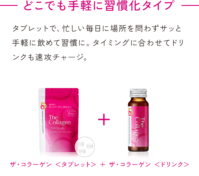 どこでも手軽に習慣化タイプ ザ・コラーゲン <タブレット> + ザ・コラーゲン <ドリンク> タブレットで、忙しい毎日に場所を問わずサッと手軽に飲めて習慣に。タイミングに合わせてドリンクも速攻チャージ
