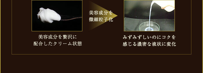 美容成分を贅沢に配合したクリーム状態を微細粒子化し、みずみずしいのにコクを感じる濃密な液状に変化