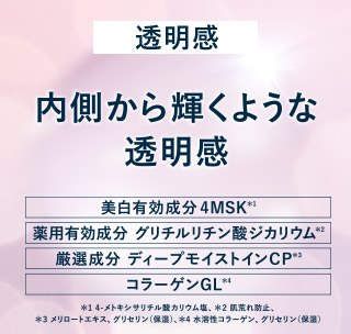 内側から輝くような透明感 美白有効成分4MSK（4-メトキシサリチル酸カリウム塩） 薬用有効成分 グリチルリチン酸ジカリウム（肌荒れ防止） 厳選成分 ディープモイストインCP（メリロートエキス、グリセリン（保湿）） コラーゲンGL（グリセリン（保湿））