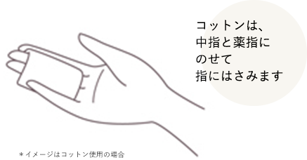 コットンは、中指と薬指に乗せて指にはさみます