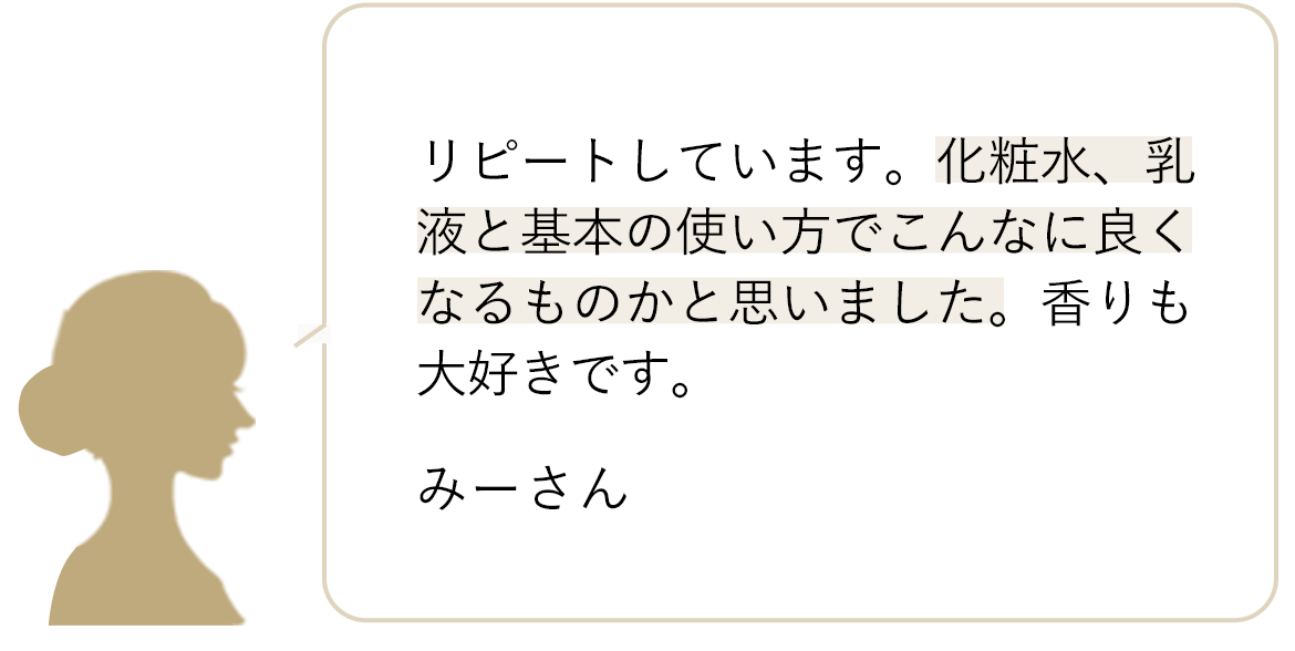 リピートしています。化粧水、乳液と基本の使い方でこんなに良くなるものかと思いました。香りも大好きです。 みーさん