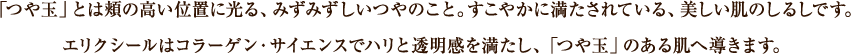 「つや玉」とは頬の高い位置に光る、みずみずしいつやのこと。すこやかに満たされている、美しい肌のしるしです。
エリクシールはコラーゲン・サイエンスでハリと透明感を満たし、「つや玉」のある肌へ導きます。