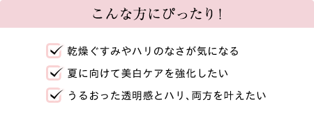 こんな方にぴったり! 乾燥ぐすみやハリのなさが気になる 夏に向けて美白ケアを強化したい うるおった透明感とハリ、両方を叶えたい