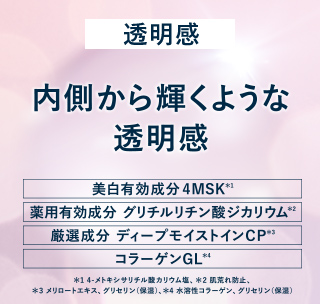 透明感 内側から輝くような透明感 美白有効成分 4MSK 薬用有効成分 グリチルリチン酸ジカリウム 厳選成分 ディープモイストインCP コラーゲンGL