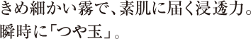 きめ細かい霧で、素肌に届く浸透力。瞬時に「つや玉」。