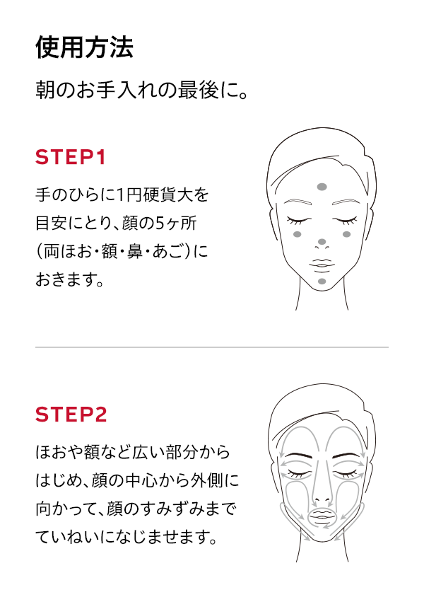 使用方法 朝のお手入れの最後に。 STEP1 手のひらに1円硬貨大を目安にとり、顔の5ヶ所（両ほお・額・鼻・あご）におきます。 STEP2 ほおや額など広い部分からはじめ、顔の中心から外側に向かって、顔のすみずみまでていねいになじませます。