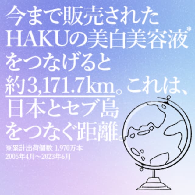 今まで使っていただいたＨＡＫＵの美白美容液を横に並べると日本とセブをつなぐ距離。約3,235km。