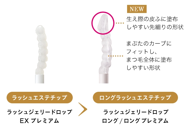 生え際の皮ふに塗布しやすい先細りの形状/まぶたのカーブにフィットし、まつ毛全体に塗布しやすい形状