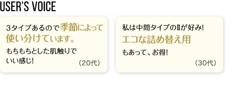 User’s Voice「3タイプあるので季節によって使い分けています。もちもちとした肌触りでいい感じ！」20代「私は中間タイプのⅡが好み！エコな詰め替え用もあって、お得！」30代