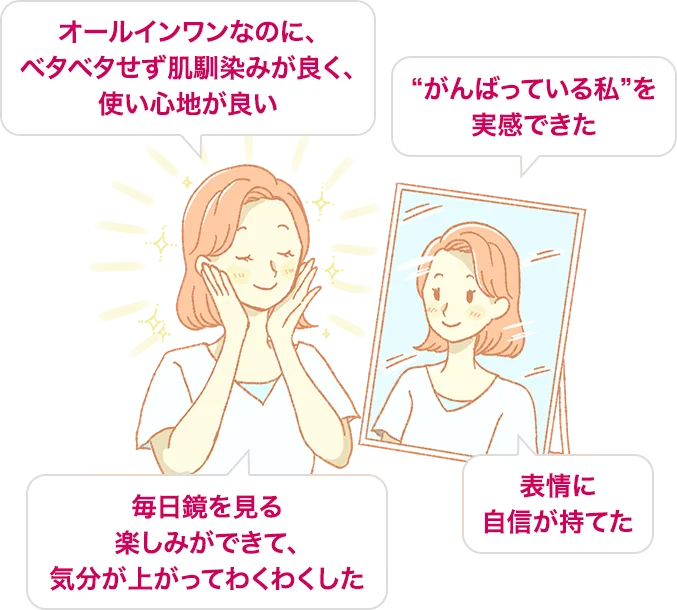 オールインワンなのに、ベタベタせず肌馴染みが良く、使い心地が良い  “がんばっている私”を実感できた  毎日鏡を見る楽しみができて、気分が上がってわくわくした  表情に自信が持てた