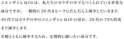 コエンザイムQ10は、私たちのカラダの中でもつくられている重要な成分ですが、一般的に20代をピークにだんだんと減少していきます。40代ではカラダの中のコエンザイムQ10の量が、20代の70%程度まで減少します。年齢とともに減少するため、定期的に補いたい成分です。