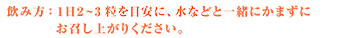 飲み方：1日2～3粒を目安に、水などと一緒にかまずにお召し上がりください。