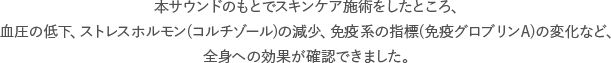 本サウンドのもとでスキンケア施術をしたところ、血圧の低下、ストレスホルモン(コルチゾール)の減少、免疫系の指標(免疫グロブリンA)の変化など、全身への効果が確認できました。