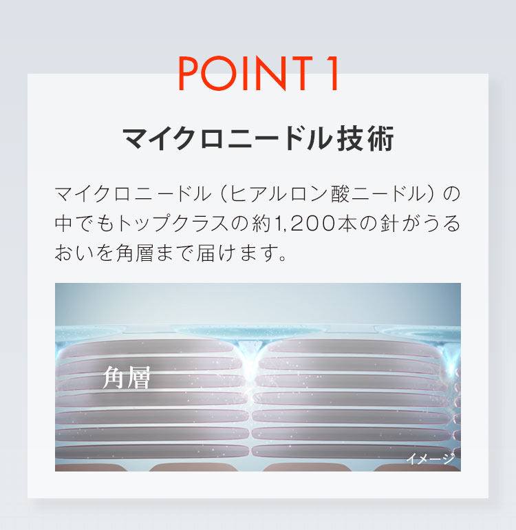 【POINT1.「マイクロニードル技術」】マイクロニードル（ヒアルロン酸ニードル）の中でもトップクラスの約1,200本の針がうるおいを角層まで届けます。