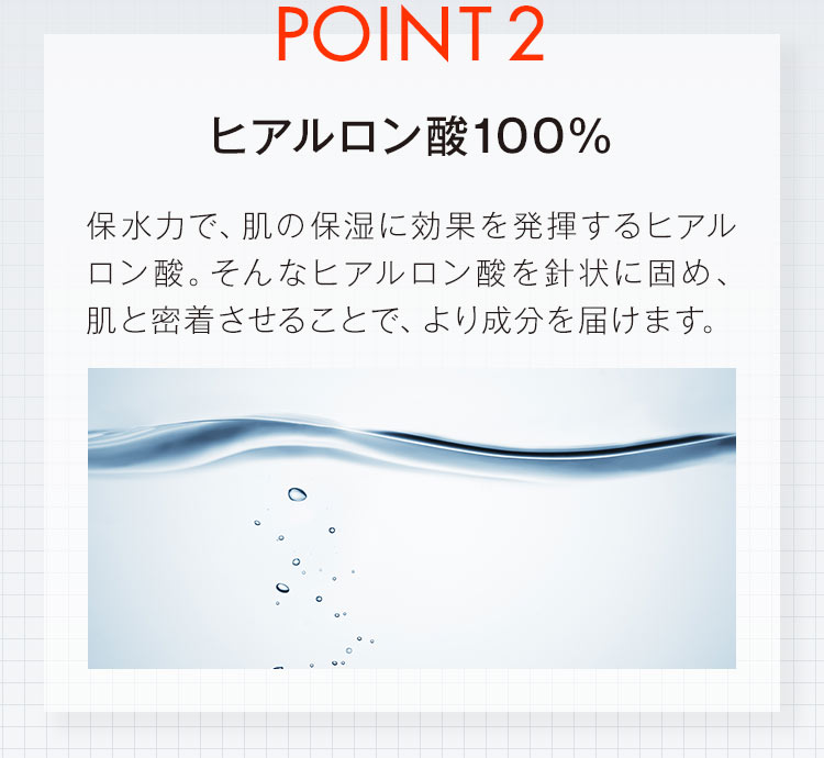 【POINT2.ヒアルロン酸100%】保水力で、肌の保湿に効果を 発揮するヒアルロン酸。そんなヒアルロン酸を針状に固め、肌と密着させることで、より成分を届けます。