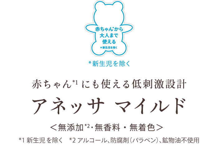 赤ちゃん*1にも使える低刺激設計 アネッサ マイルド ＜無添加*2･無香料・無着色＞ *1新生児を除く *2アルコール、防腐剤（パラベン）、鉱物油不使用 *新生児を除く